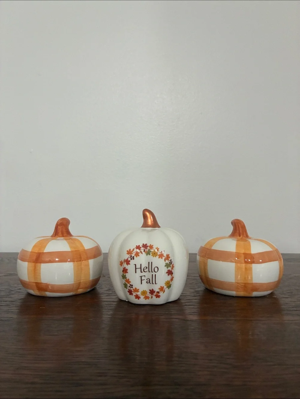 NWT- Hello Fall & Orange & White Striped Ceramic Pumpkins Trio